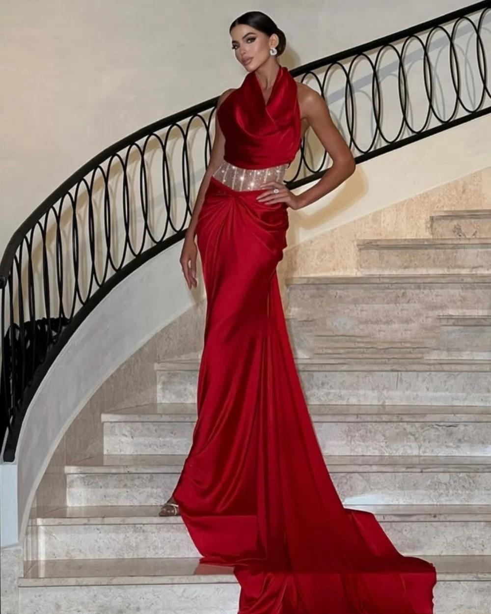 

Customized Elegant Fashion Rhinestone Ruched Column Halter Long Dresses Bespoke Occasion Dresses Sizes Available High Quality