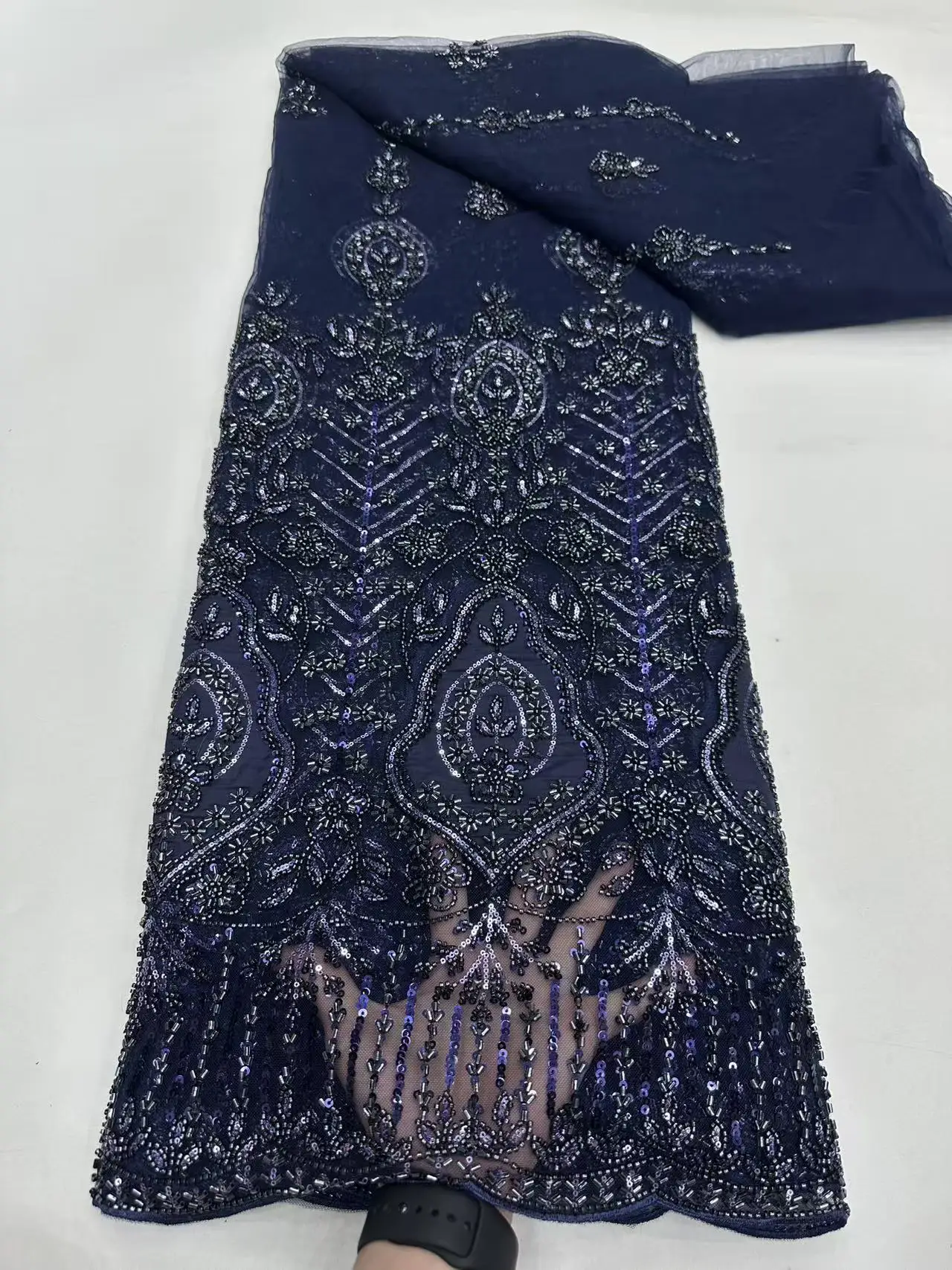 

2026 African Nigerian High-Quality Beaded Embroidery Tulle Lace Fabric 5 Yards Sewing Sequins Lace Fabric Or Prom Dresses H99-1