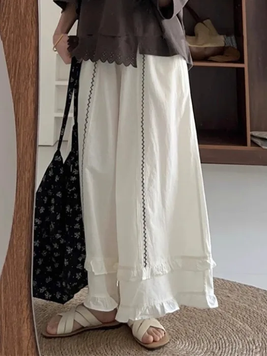 Ele geborduurde hoge taille wijde pijpen broek zomer casual broek met houten gesplitste comfortabele losse pasvorm rokbroek