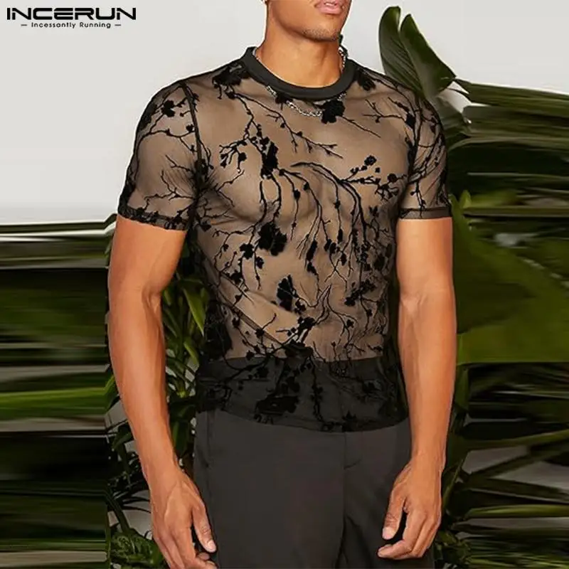 INCERUN Tops 2024 American Style Men's Sexy See-through Printed T-shirts Leisure See-through O-neck Short Sleeved Camiseta S-5XL