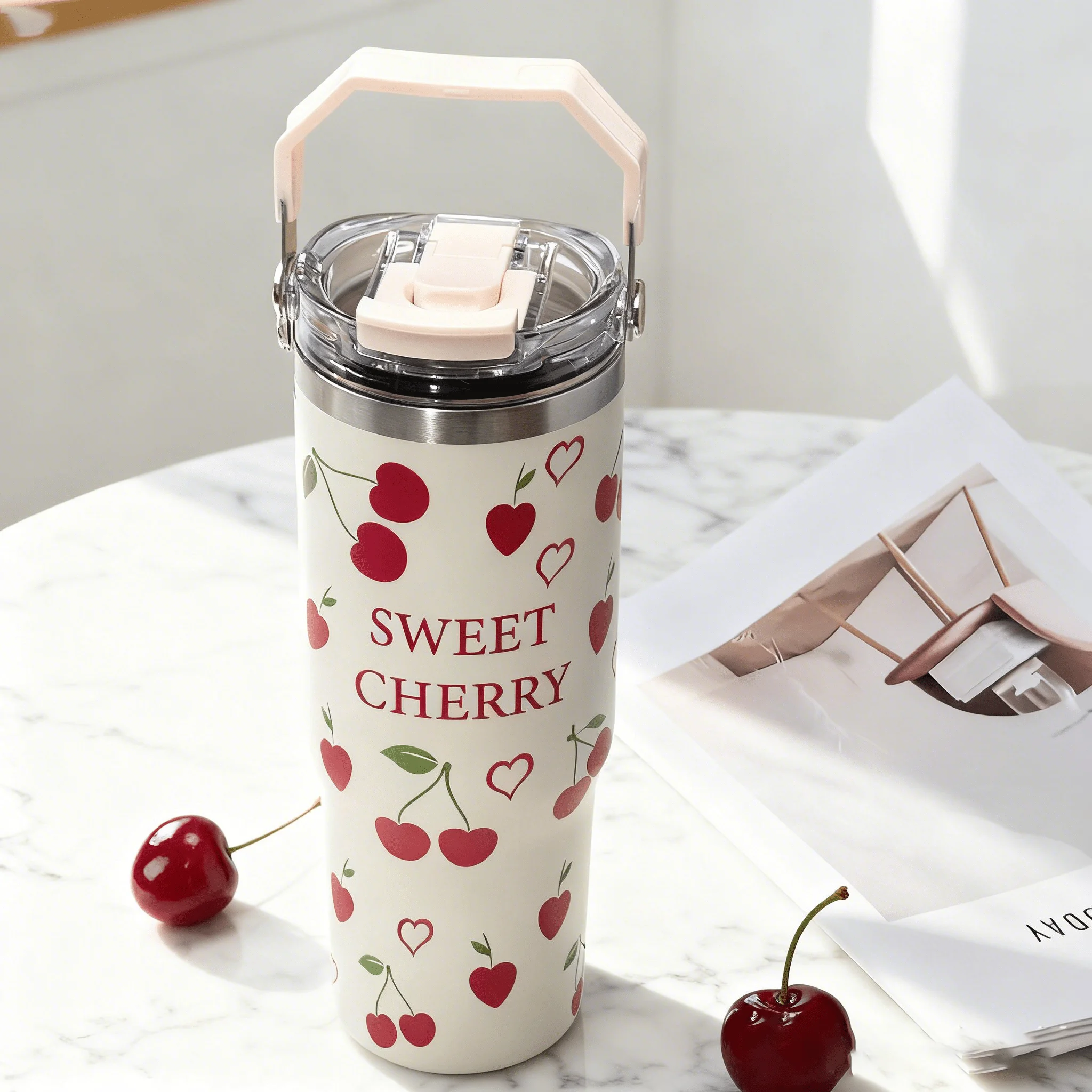 30oz Stainless Steel Cup With Handle And Straw, Cherry Pattern, Suitable For Hot And Cold Drinks, Large Capacity Insulated Trave