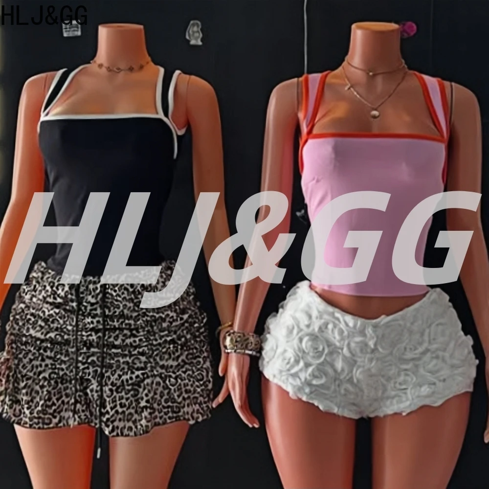 

HLJ&GG Y2K Fashion Color Block Tank Top Two Piece Sets Women Sleeveless Backless Vest And Flower Ruched Shorts Outfit Streetwear