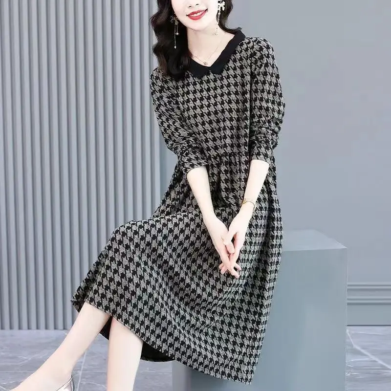 

Осень-зима тонкие корейские модные тонкие пуловеры с принтом с длинным рукавом винтажные платья с круглым вырезом Темпераментная Женская одежда 2023