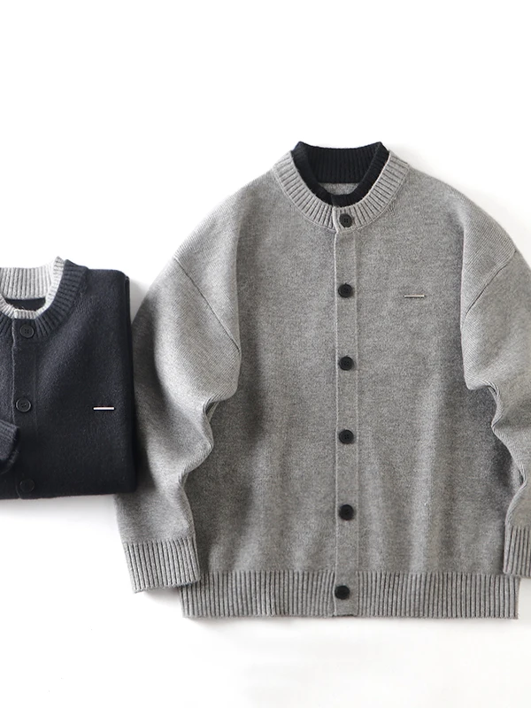 

Мужской повседневный вязаный свитер свободного кроя, эластичный, теплый, осенне-зимний, на пуговицах, простой дизайн, имитация двухслойности, длинный рукав