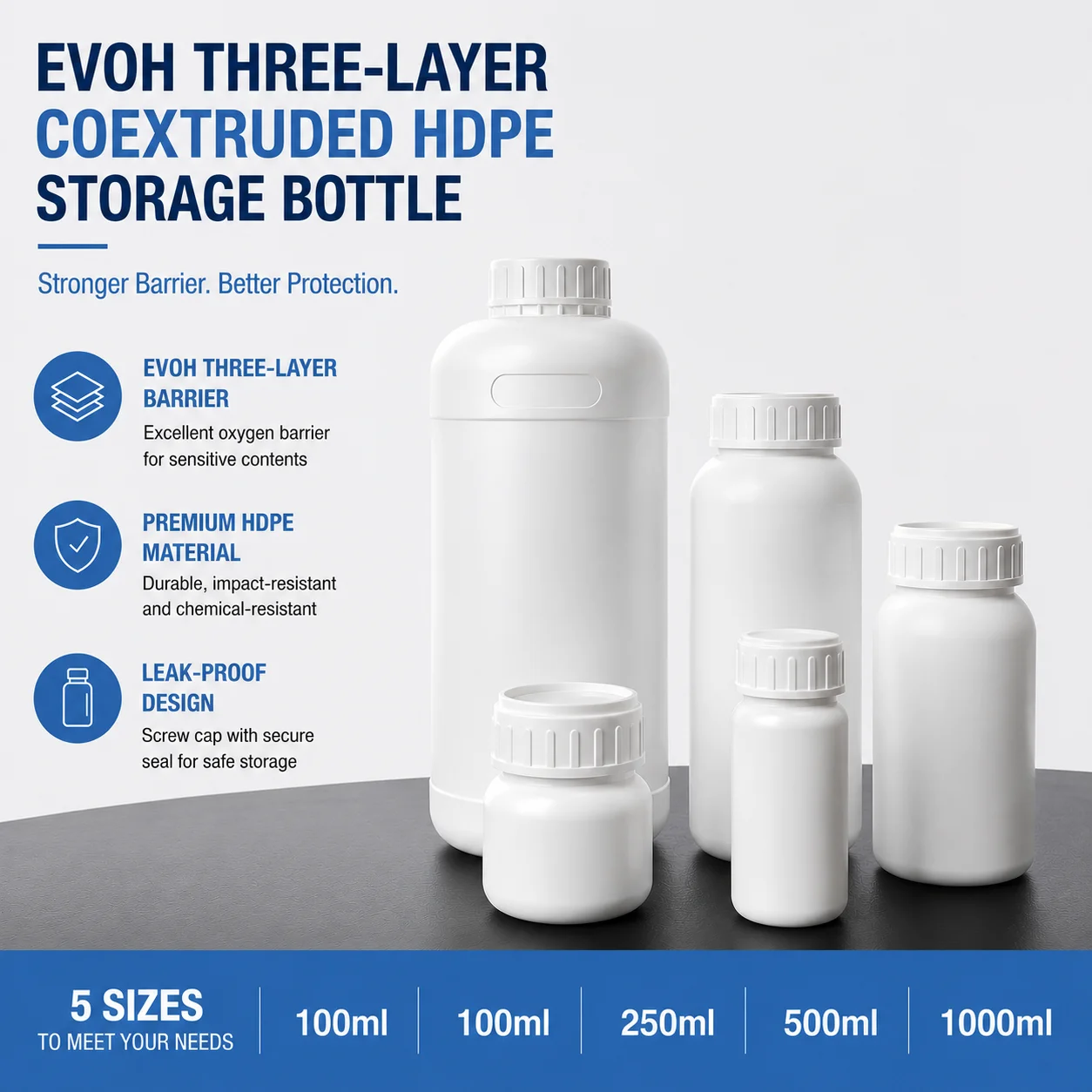 100ml/250ml/500ml/1L EVOH Three-layer Co-extruded HDPE Reagent Bottles, Chemically Resistant and Leak-proof Performance