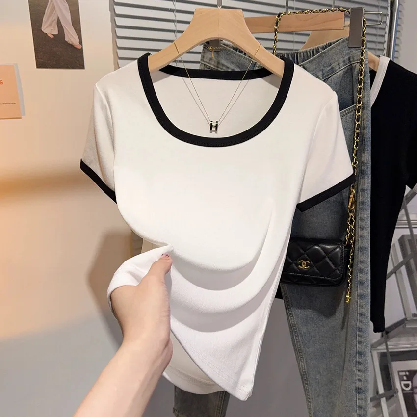 Quality Women's T-shirt Guangzhou Thirteenth Factory Pure Color Short Sleeve Slim Fit Short Length Summer Cotton U-Neck Top