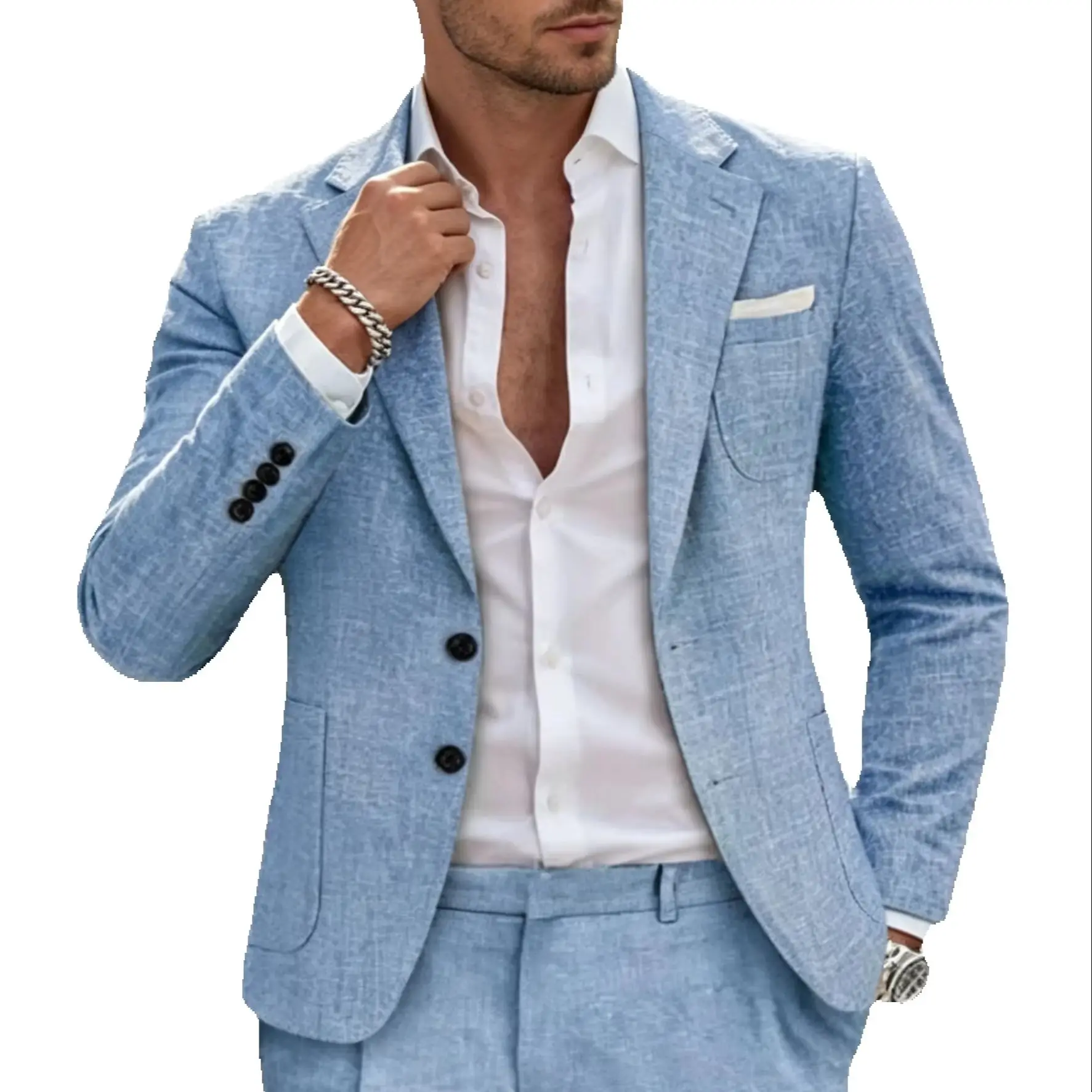 

2 Piece Blue Linen Men Suits for Wedding Groom Tuxedos Casual Beach Man Suit Set Notch Lapel Jacket Pants Outfits Men Clothes