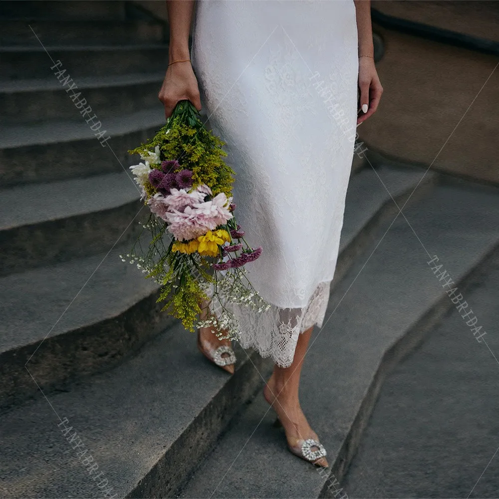 Vestido de novia elegante de encaje suave, escote corazón, sin mangas, longitud de té, sirena, tirantes finos, vestido de fiesta