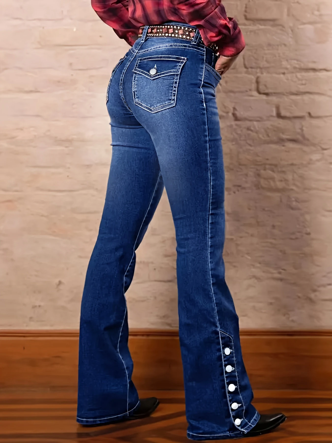 

Large size blue flip back bag breasted slit pants high waist retro mature fashion jeans stretch large size jeans