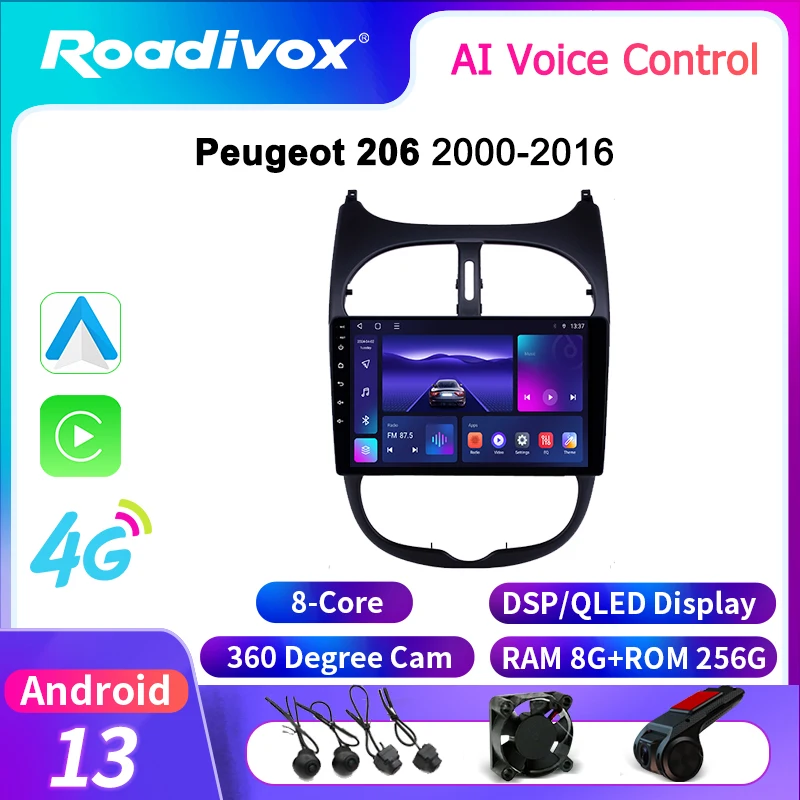 roadivox Android car radio for Peugeot 206 2000 2016 GPS Navigation video screen Multimedia Player tape recorder carplay