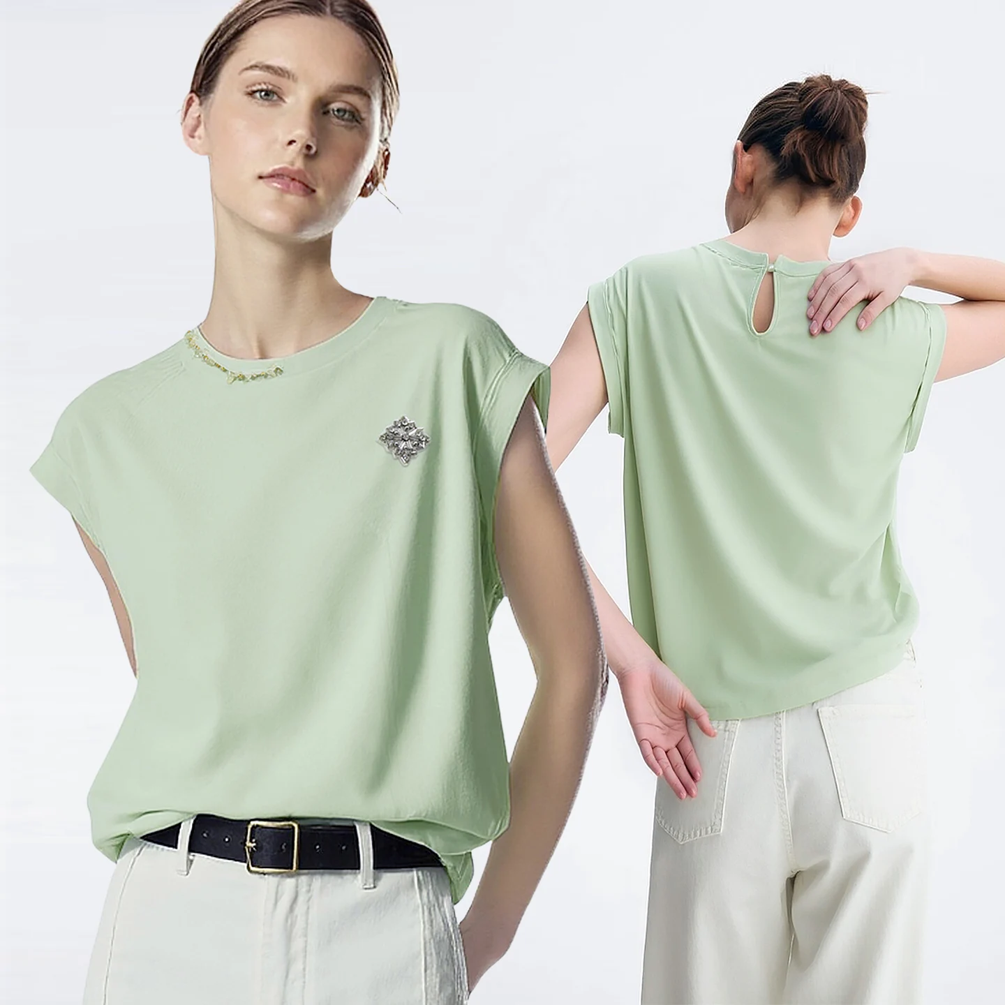 Amii Women's Short Sleeve Tee 2026 Summer New Round Neck Rhinestone Ribbon Stretch Cotton Tee Casual Top For Women 12622034