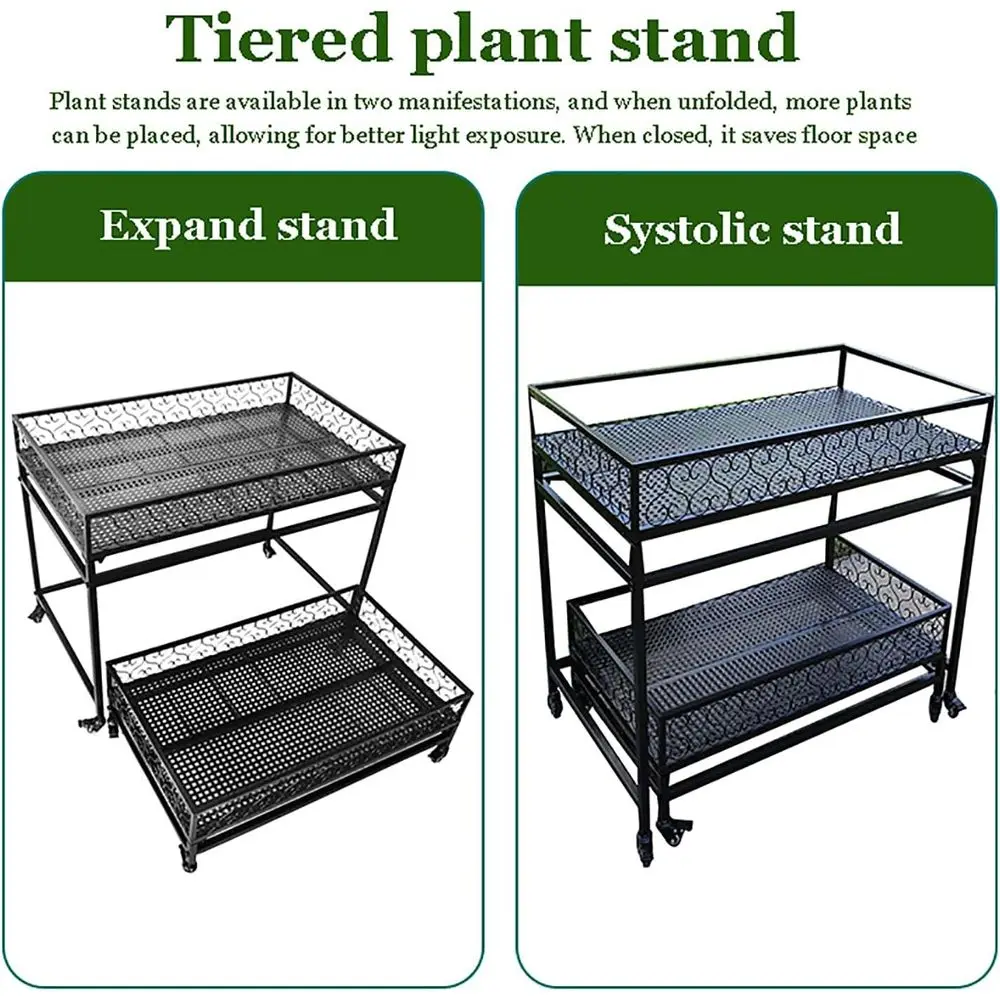 2-Tier Rolling Metal Plant Stand - Ladder Style Pot Rack for Indoor & Outdoor Flower Displays