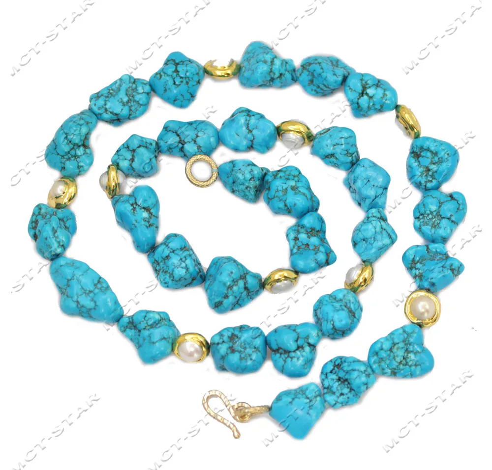 

MTC·STAR Z13035 Big 33'' 26mm Baroque Blue Rough Turquoise Gold-Plated White Pearl Necklace