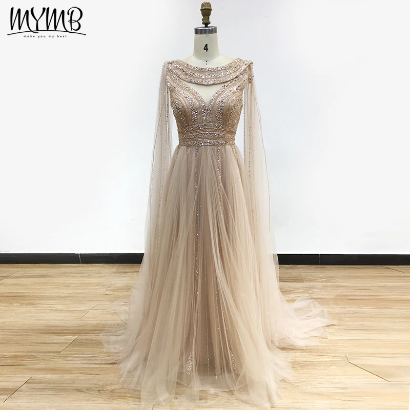 MYMB Arabic Gold A-Line Custom Made Celebrity Evening Dresses with Cape Sleeves Glitter Sequins Tulle Wedding Party Gown DKN3114