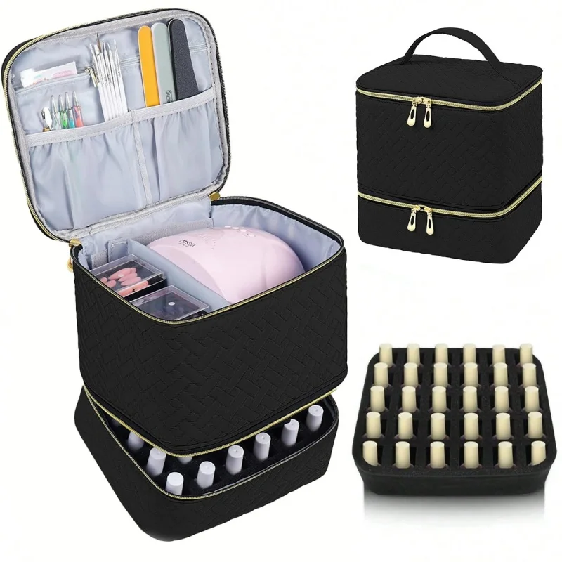 Portable Handheld Double Layer Large Capacity Nail Polish Storage Makeup Bag with Elevated Double Zipper