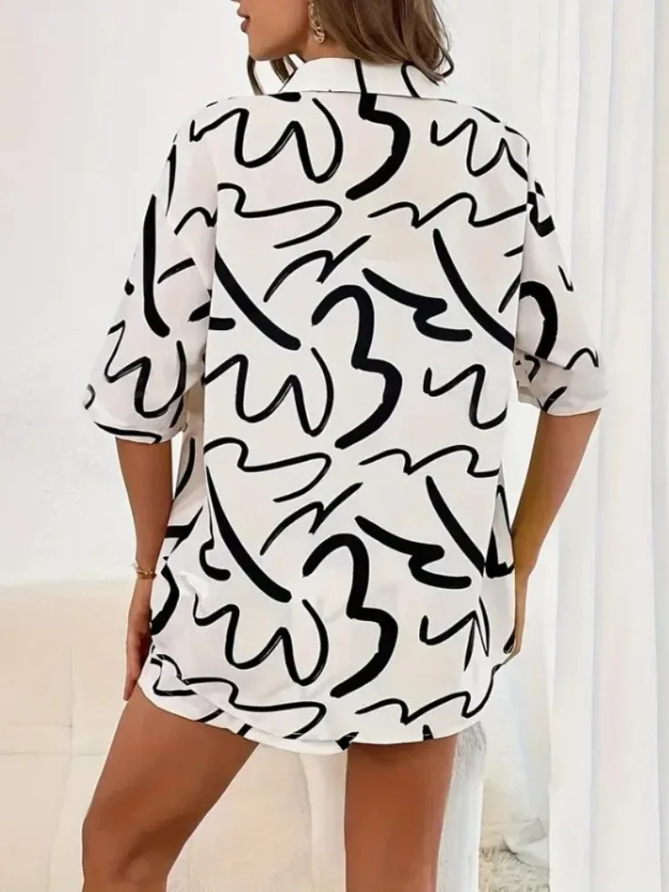 الصيف فضفاضة رفض طوق قميص أعلى + السراويل دعوى مكتب سيدة عارضة رياضية مجموعة المرأة أزياء طباعة قطعتين مجموعات