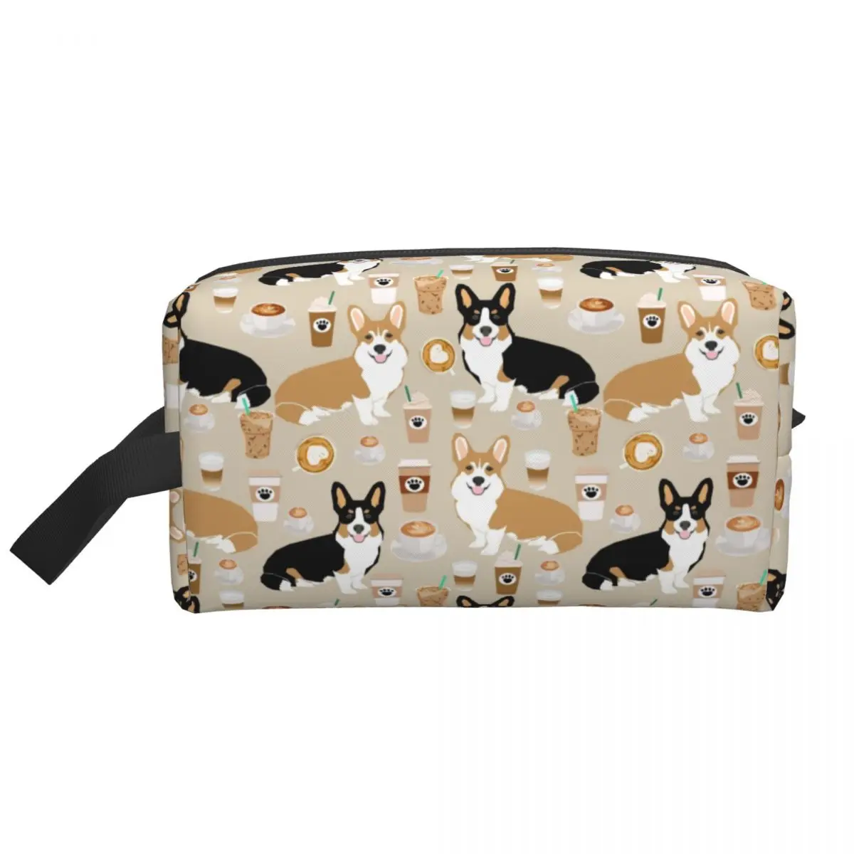 Neceser de viaje personalizado con diseño de perro Corgis galés y café para mujer, bolsa de maquillaje cosmético, Kit Dopp de almacenamiento de belleza