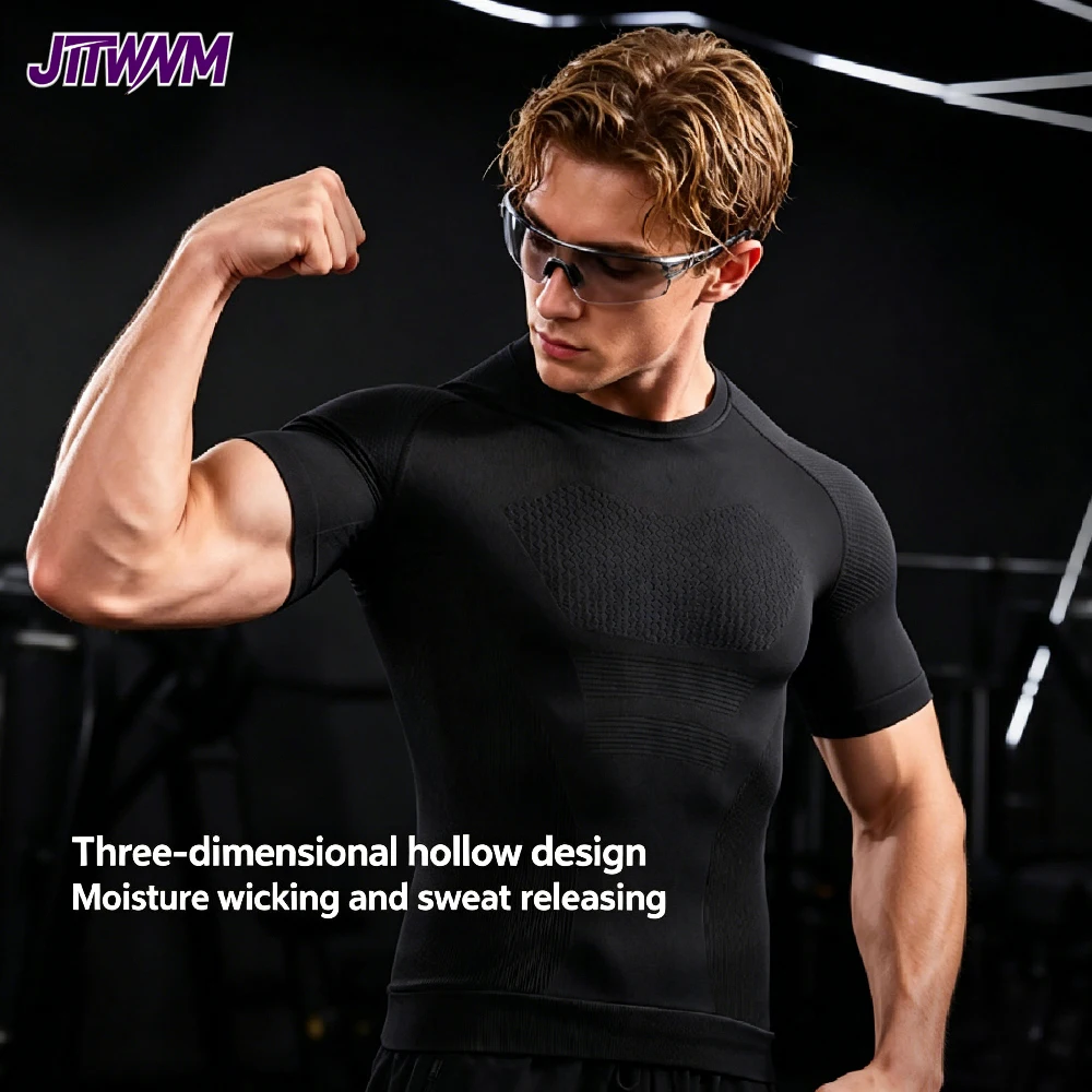 1PCS Men’s Cool Dry Compression T-Shirt, Seamless Short Sleeve Athletic Workout Top, Quick Dry Base Layer Undershirt for Gym