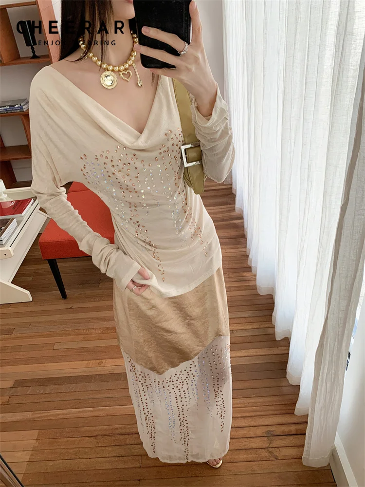 

CHEERART Rhinestone Elegant 2 Piece Sets Women Outfit Cowls Long Sleeve Top And Maxi Long Skirt 2025 Spring Designer Clothes