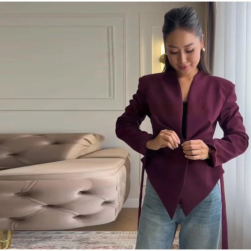 Casual Lace Up Asymmetrical Blazer Women Solid V-neck Single Breasted Full Sleeve Jacket Female Fashion Spring Lady Coat 2026