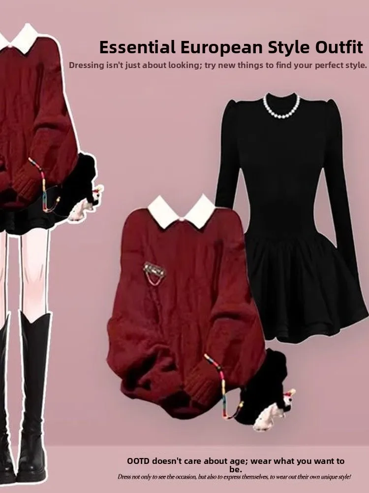 

Red Knitted Sweater And Skirt Set Autumn Winter Tee Piece Suite Korean Sle Dopane irt And Pleated Skirt Ensemble