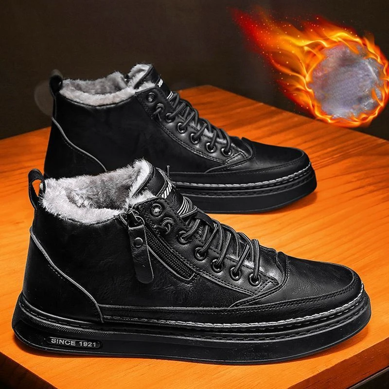 Winter Thickened Velvet High-top Shoes for Men, Korean Style Versatile Snow Boots, Non-slip Warm Cotton Shoes and Leather Shoes