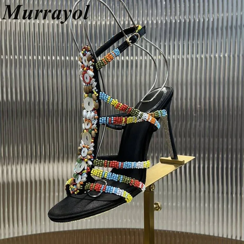New Multicolour String Bead Thin High Heels Sandals Women's Narrow Band Design Sandalias Mujer Summer Party Dress Shoes Pumps