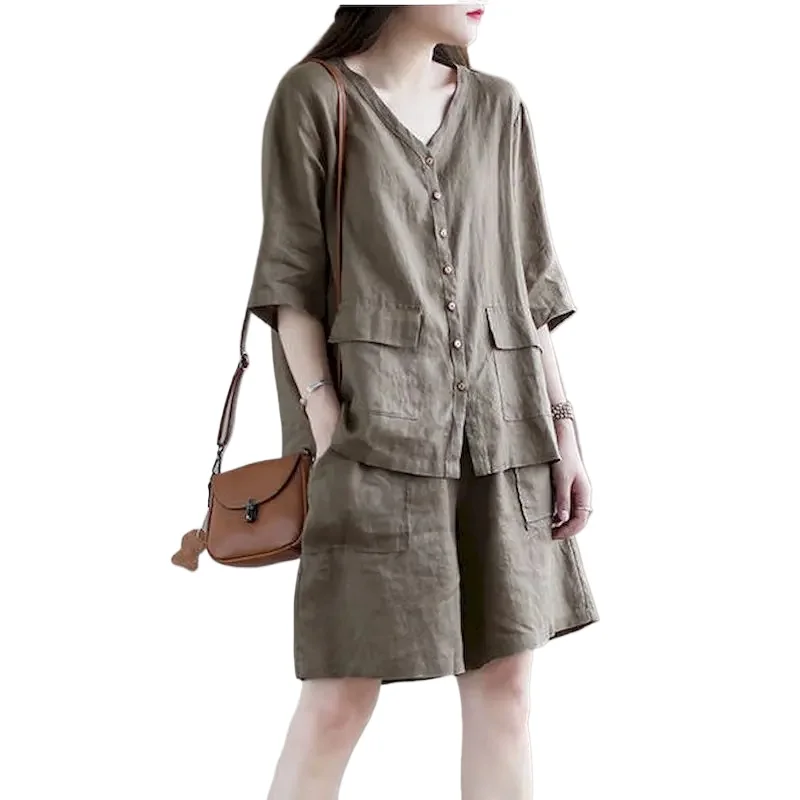 

Literary Retro Short Sleeve Blouse Sets for Women Cotton Linen Suits Summer Loose Slimming Casual Shirts and Shorts 2 Piece Set