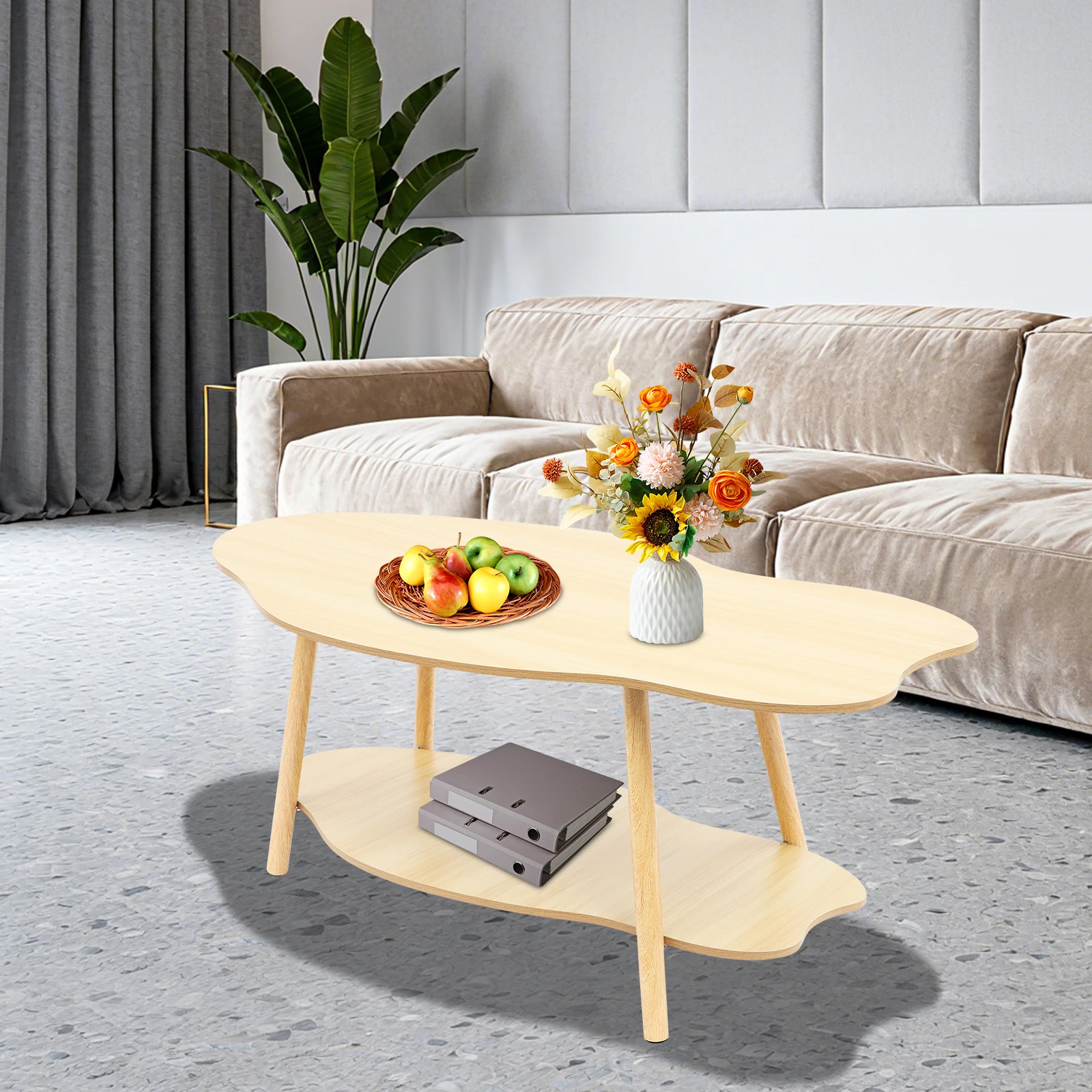 

Light Walnut Color 2 Tier End Table Solid Wood Modern Sofa Side Table With Cloud-shaped Tabletop for Living Room Study Office