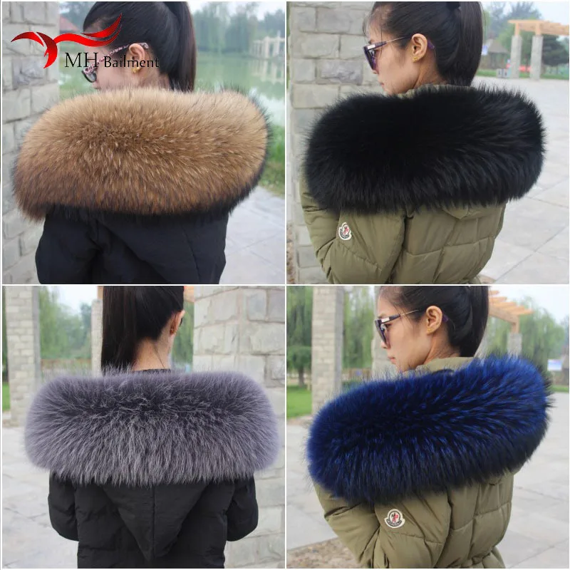 100% Real Raccoon Fur Collar Winter Luxury Warm Natural Fox Fur Scarf Large Size Men Jacket Coat Collar Neck Warm Shawl Women