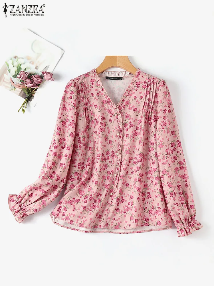 ZANZEA Women Floral Print Blouse Elegant Ruffled Puff Long Sleeve Tunic 2024 Summer V Neck Shirt Casual Loose Holiday Pleat Tops