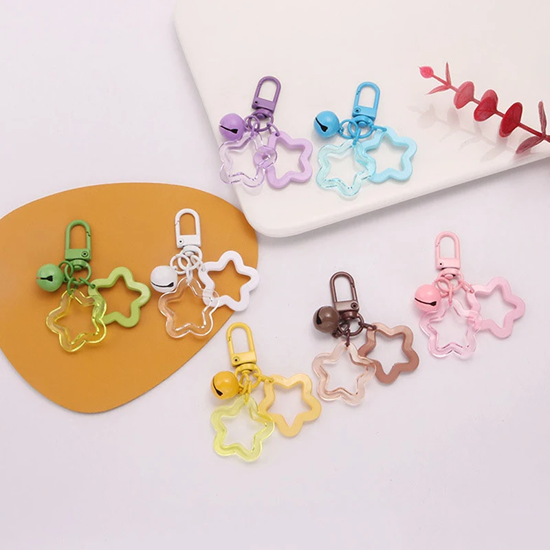 Hollow Five-pointed Star Bell Pendant Car Hanging Keychain Candy Color Bag Keyring DIY Jewelry Making Key Ring For Women Girl