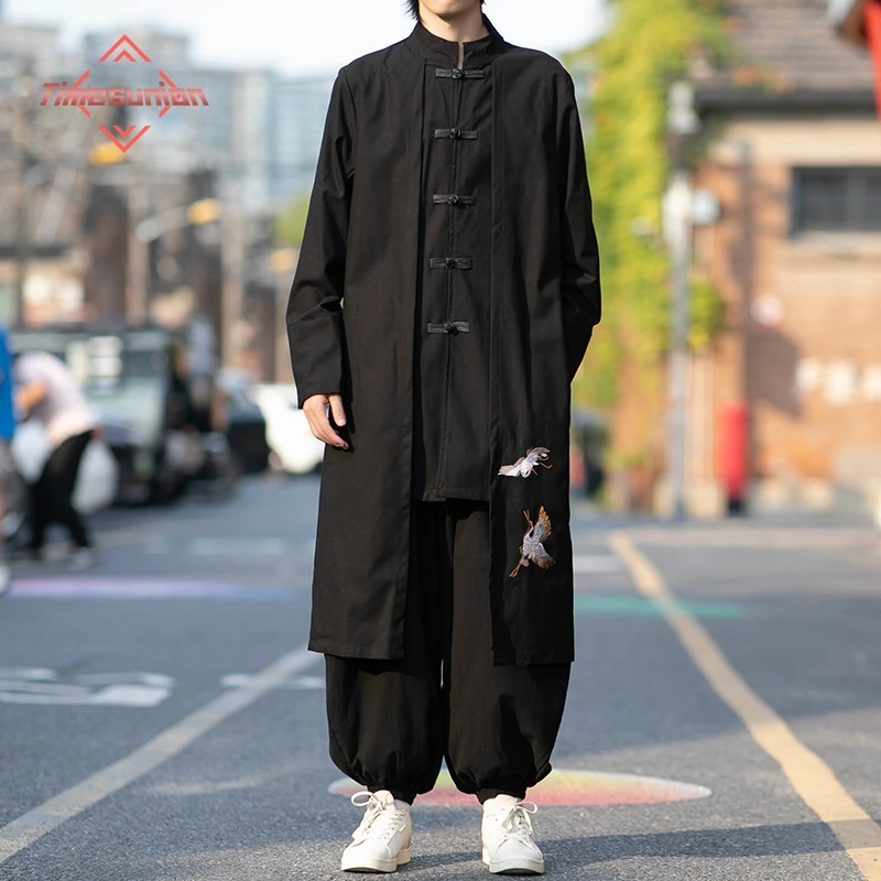 

Men's Traditional Chinese Style Long Gown Linen Embroidery Crane Casual New Year Clothes 2025 News Coat Casual Top
