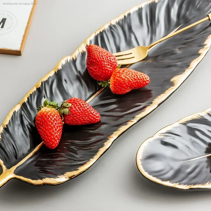 European style gold rim feather tray jewelry tray ceramic small jewelry storage tray creative leaf tray fashion snack tray