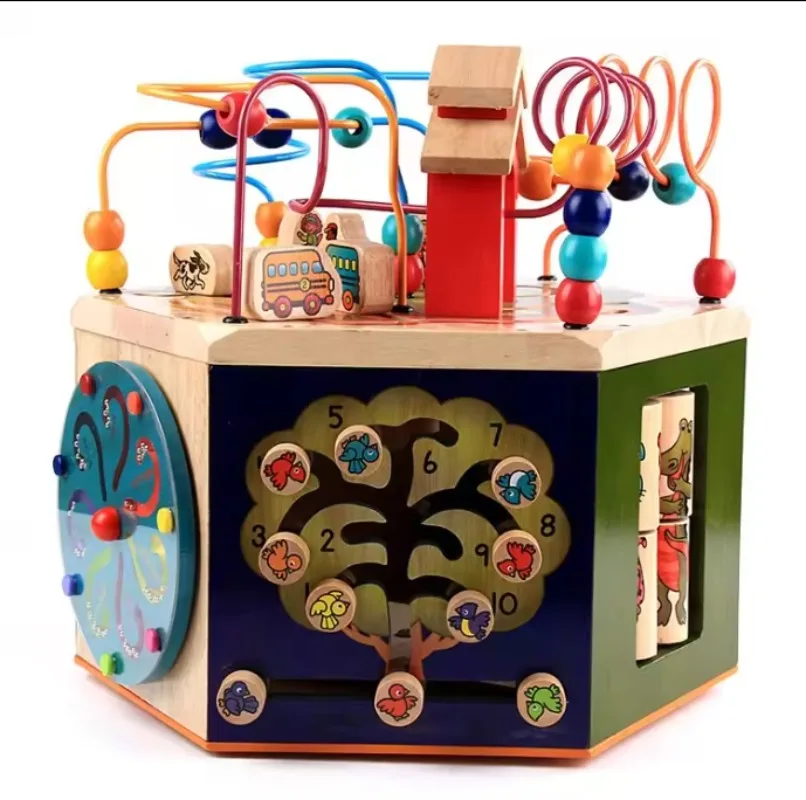 6 Sides Montessori Educational Maze Beads Wooden Child Safety Seat Angle Adjuster Activity Cube Adjustable Regulator for Kid