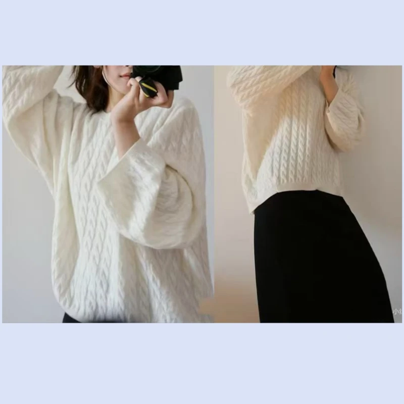 Nordic Slouchy Fried Dough Twists Pattern Round Neck Pullover Loose Cashmere Pullover Sweater