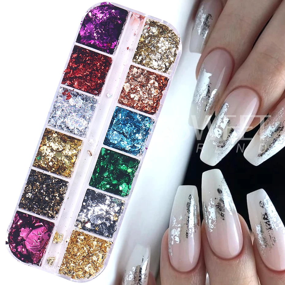 12 grilles feuilles d'or ongles paillettes aléatoires holographiques aluminium feuille d'ongle flocons autocollants paillettes manucure décor fournitures d'ongles