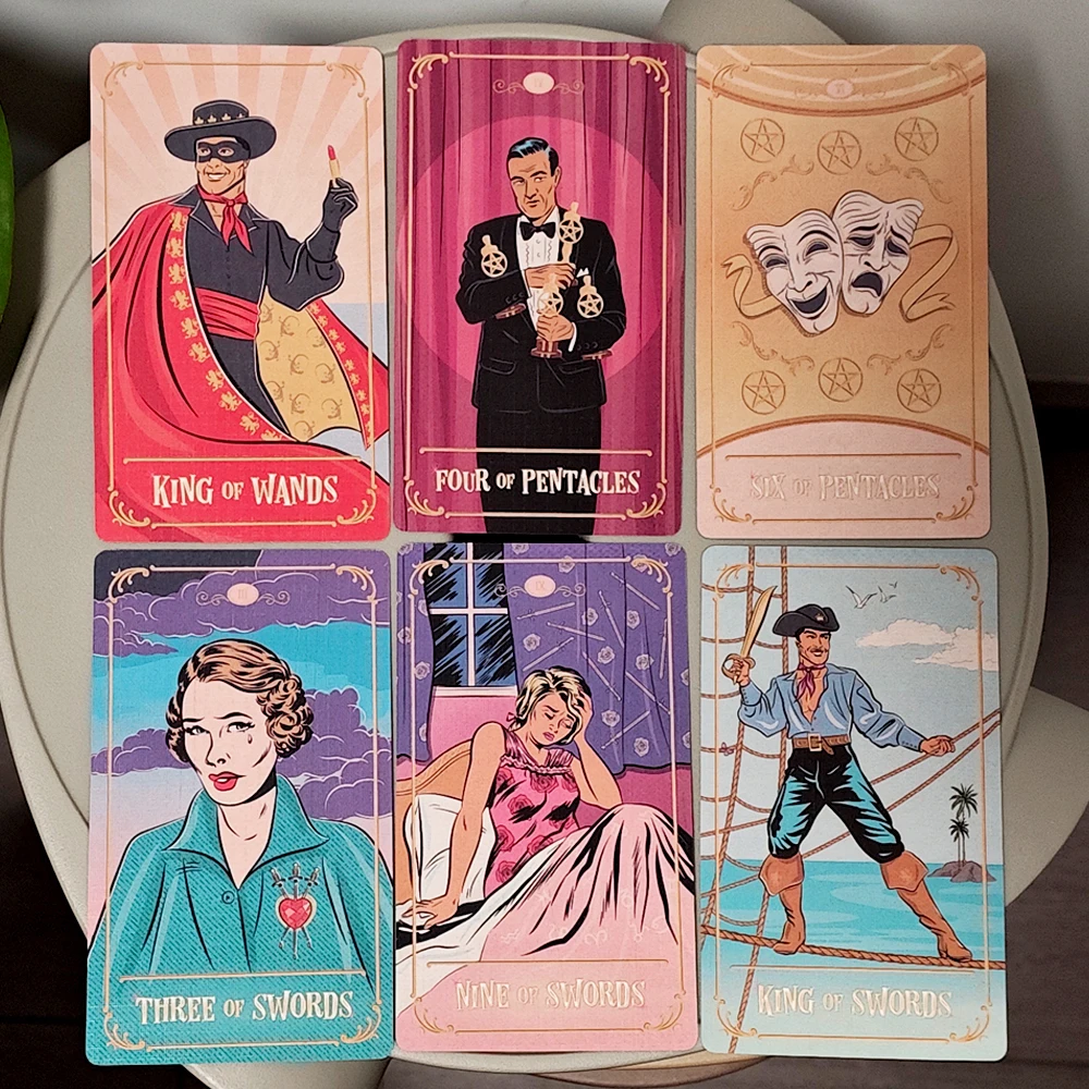 Tinseltown Tarot in Rigid Box, Pink Vintage Hollywood Inspired Deck 12*7cm 78 Illustrated Cards