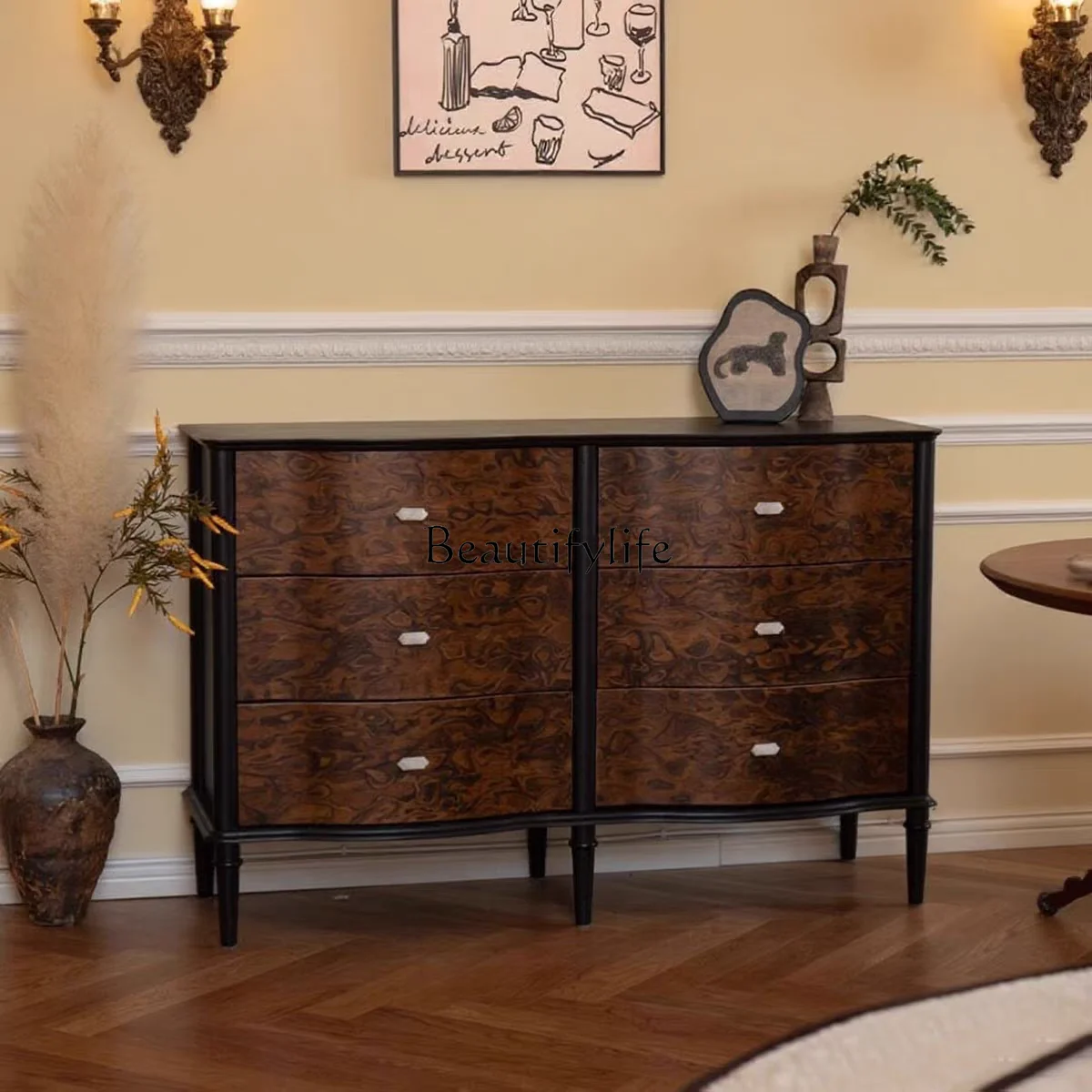 

French retro solid wood six-chest cabinet, ancient style decoration against the wall in the living room