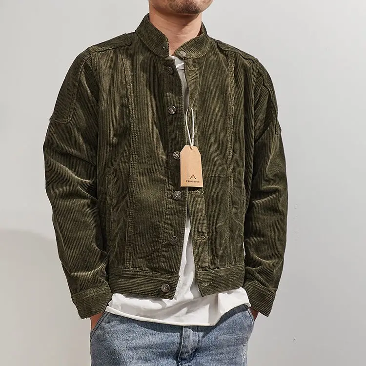 

Retro Waed Motorcycle ort Jaet Men's Corduroy Stand Collar Button Collar Splice Outerwear Couple's Faion Polyester Fiber