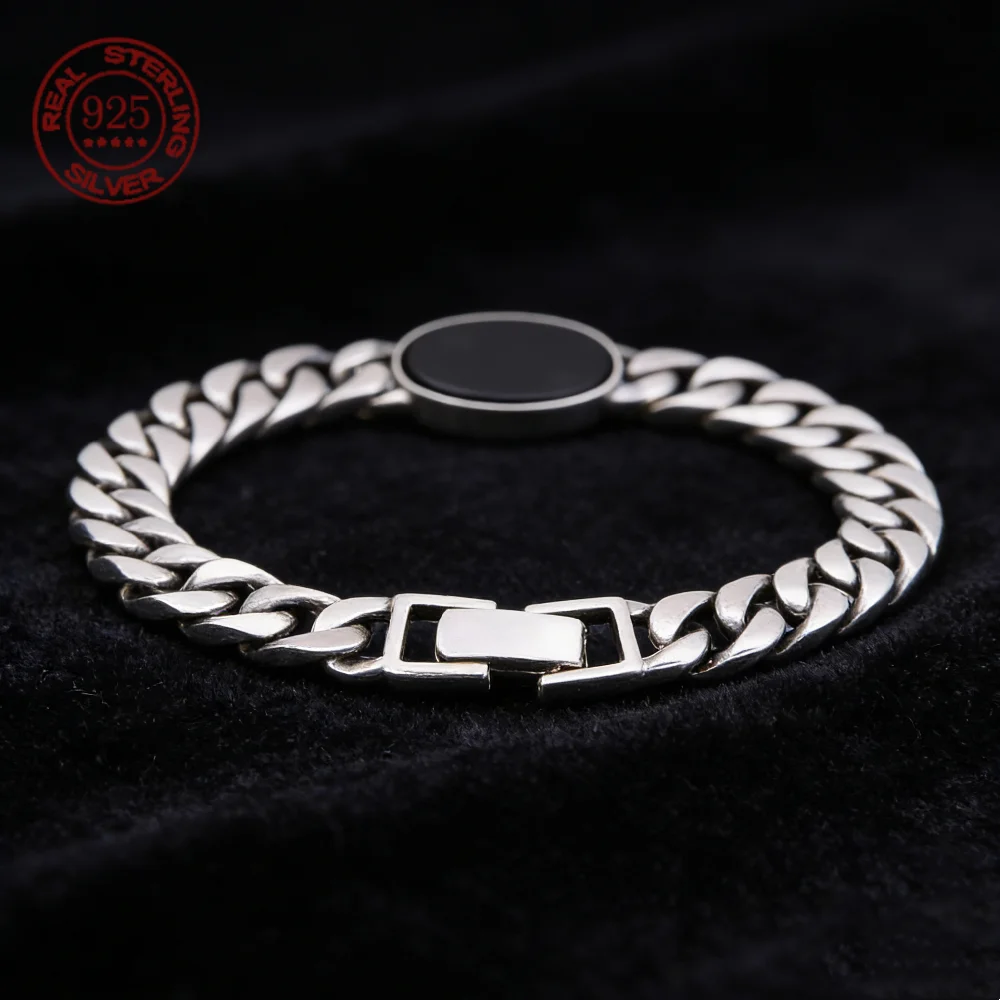 Personality Retro S925 Sterling Silver Tank bracelet Retro Trendy Men's Inlaid Black agate Cuban bracelet Simple Fashion Jewelry