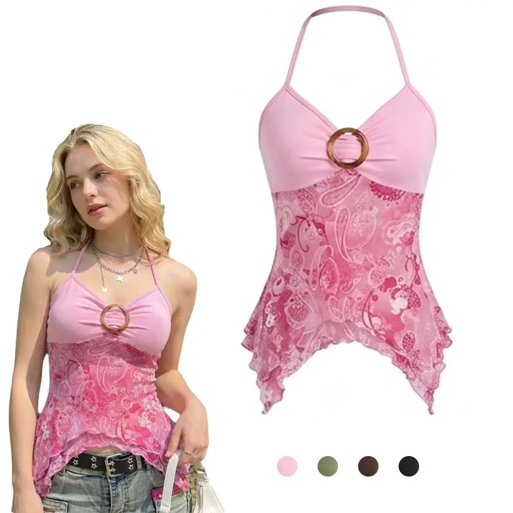 Sexy Printed Mesh Halter Cami Top Ruched Bust Spaghetti Straps Tank Tops Bodycon Fit Sheer Overlay Crop Tops Night Out