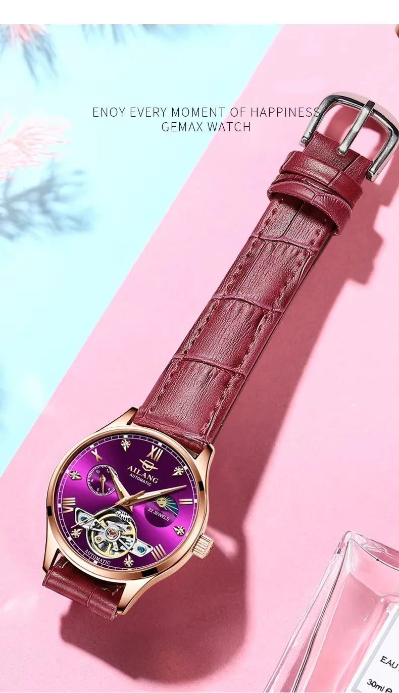 Ms. Ailang brand fashion high-end automatic mechanical watch waterproof hollow moon tourbillon view 6