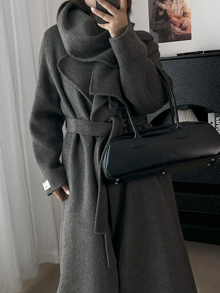 ZMEENNA レディース ロング ウール ブレンド コート ハイ カウルネックとタイベルト付き 暖かい冬用アウター ミニマリスト グレー ZM4385