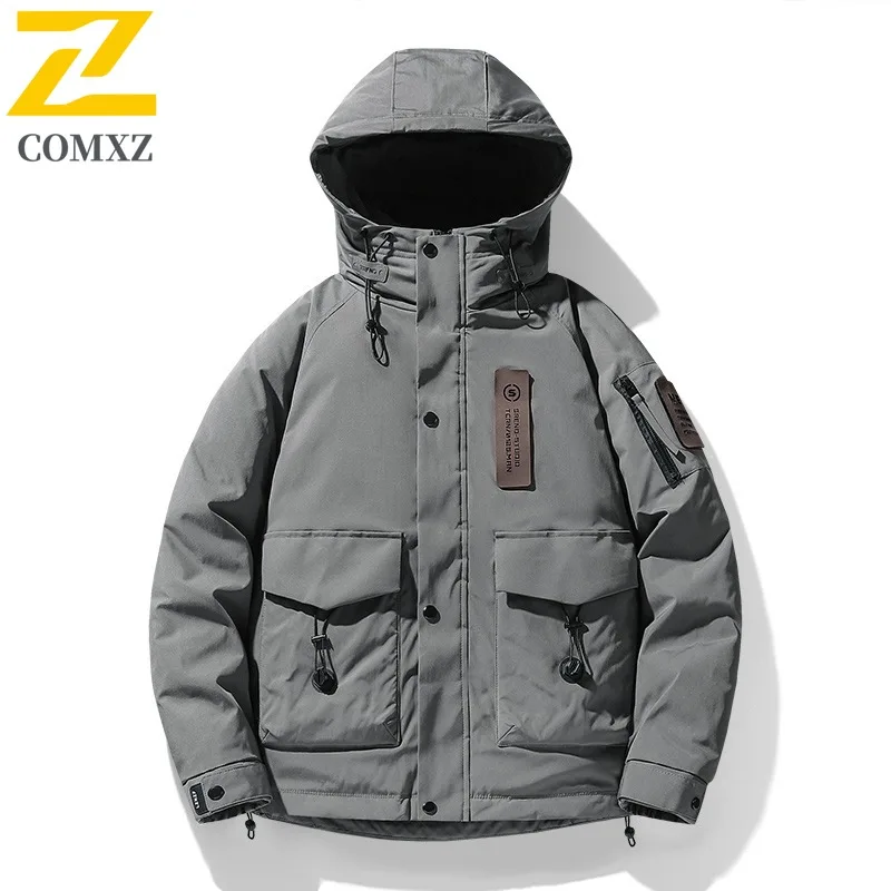 

COMXZ Men Down Jacket Casual Hooded Outdoor Adventure Windproof Warm Parka Travel Windproof Lightweight Winter Down Coat
