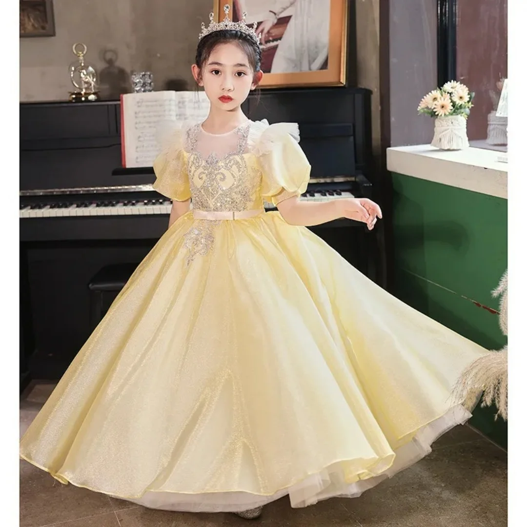 

Yellow Girls Birthday Dresses Lace Appliques Tulle Flower Girl Dresses for Wedding Princess Party Baby Ball Gowns Customized