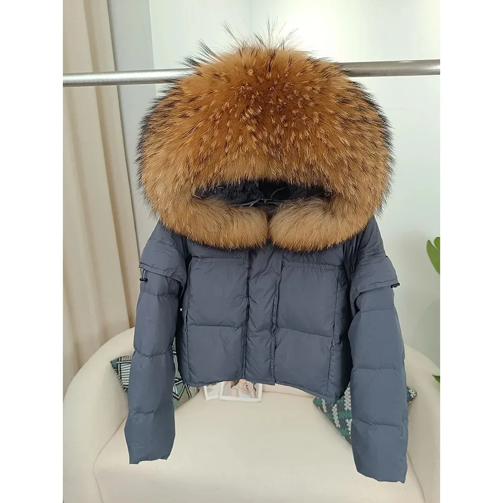 Autumn Winter Women Real Raccoon Fur Collar Hooded Detachable Sleeve Jacket Duck Down Loose Fashionable Streetwear Outerwear