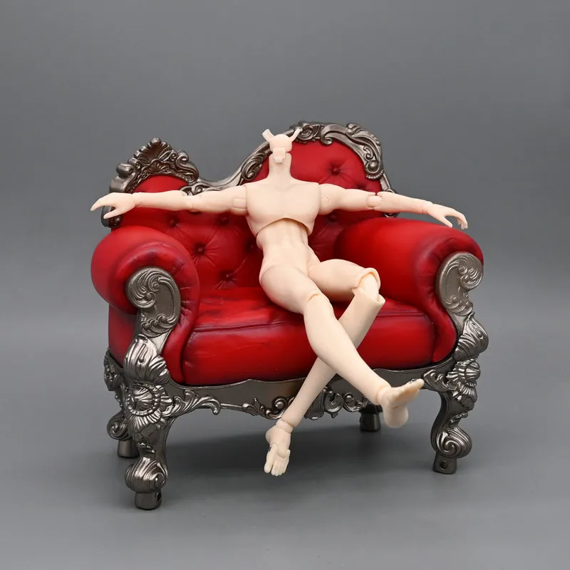 13cm European Style Red Vintage Sofa Furniture Doll Accessories 1/8 BJD Body OB24 Small Doll Diorama Scene Display Decor