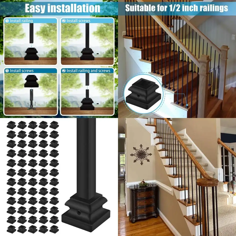 60 Pack 1/2 Flat Iron Balusters for Interior Square Hollow Stair Spindles, Satin Black