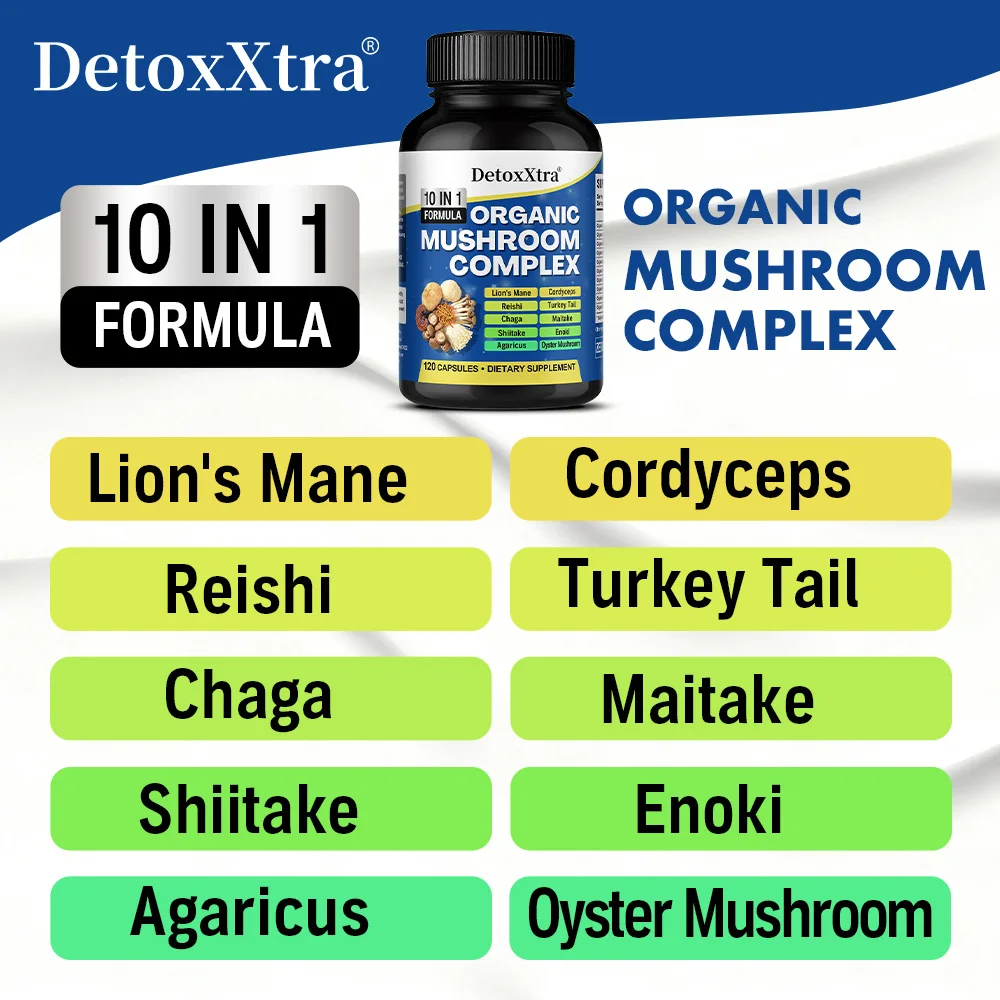 Organic Mushroom Capsules - 10-in-1 Complex - Mushroom Supplement Blend for Memory, Focus & Immune Support